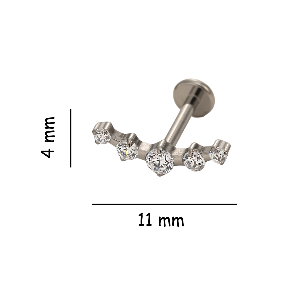 Size guide for the Titanium Radiant Row internally threaded flat back stud earring, showing the length and dimensions of the star and crystal row design.