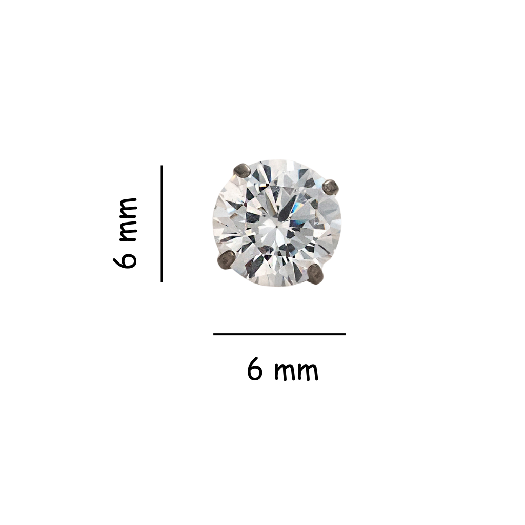 Size guide showing the 6 mm Titanium Timeless Radiance internally threaded flat back stud earring with round crystal center.
