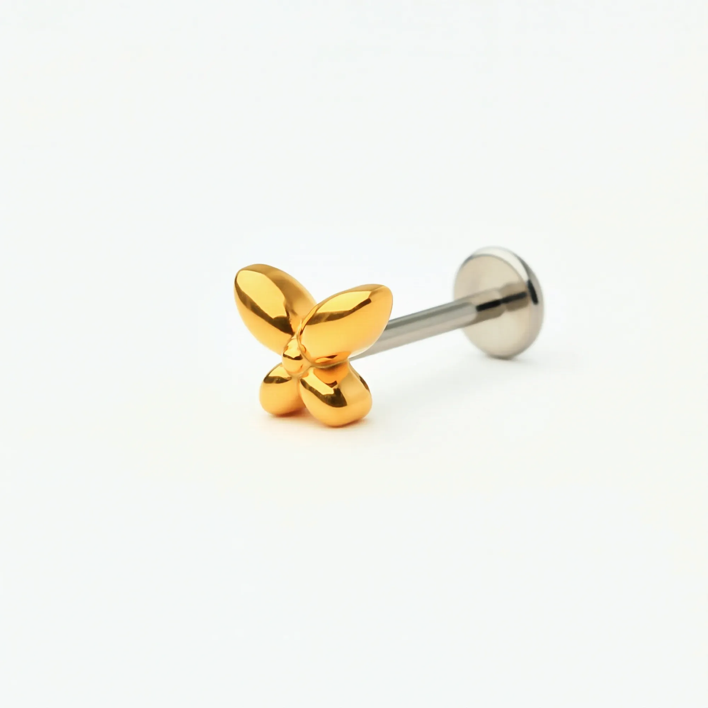 Single Titanium Petite Butterfly flat back stud earring with a gold finish. Front and side view highlighting the butterfly shape and hypoallergenic implant-grade titanium push-in post.