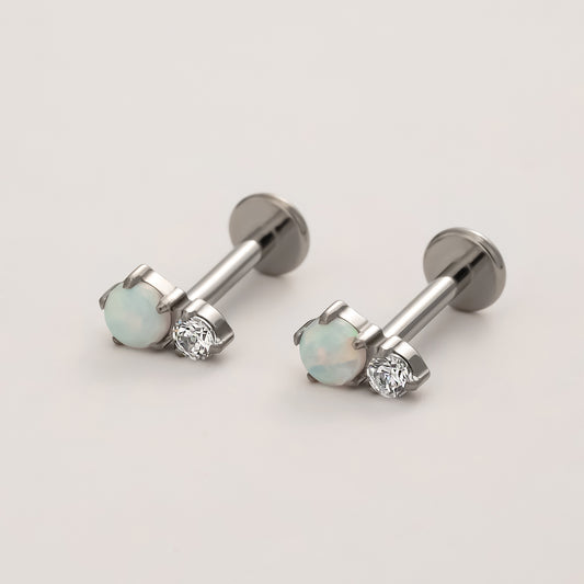 Titanium twin moonlight opal flat back stud earrings in natural titanium with opal and crystal detail, hypoallergenic and safe for sensitive ears