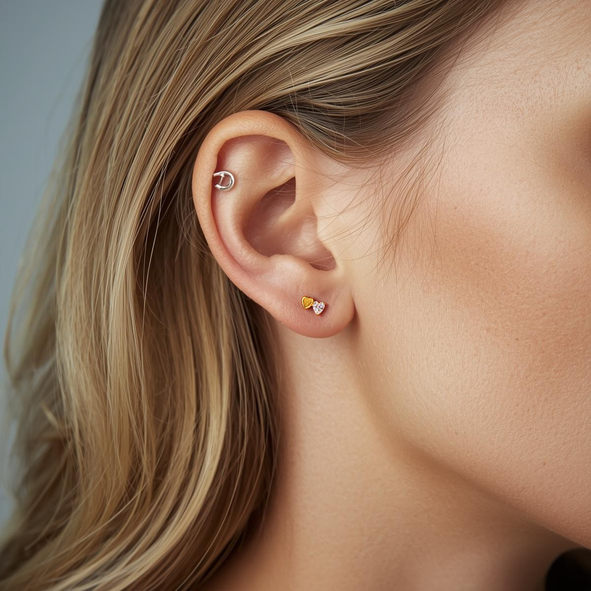 Duo Heart Titanium Flat Back Stud Earring