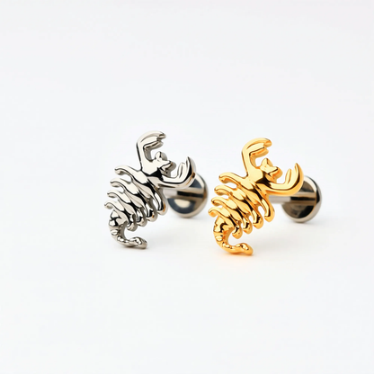 Titanium Scorpion Curve flat back stud earrings in natural titanium and gold, featuring a curved textured design. Front view showing implant-grade titanium push-in posts and hypoallergenic flat back construction.