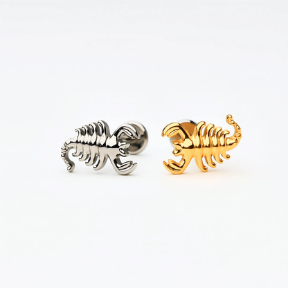 Side view of Titanium Scorpion Curve flat back stud earrings in natural titanium and gold. Shows the curved textured design and implant-grade titanium push-in posts, hypoallergenic and safe for sensitive ears.