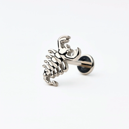 Single-color view of the Titanium Scorpion Curve flat back stud earrings in natural titanium. Angled front detail showing the curved textured design and hypoallergenic implant-grade titanium push-in post.