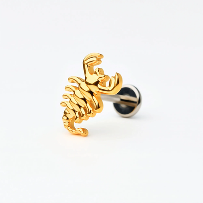 Titanium Scorpion Curve flat back stud earring with a gold finish, featuring a textured curved design. Front and side view showing the hypoallergenic implant-grade titanium push-in post and flat back style.