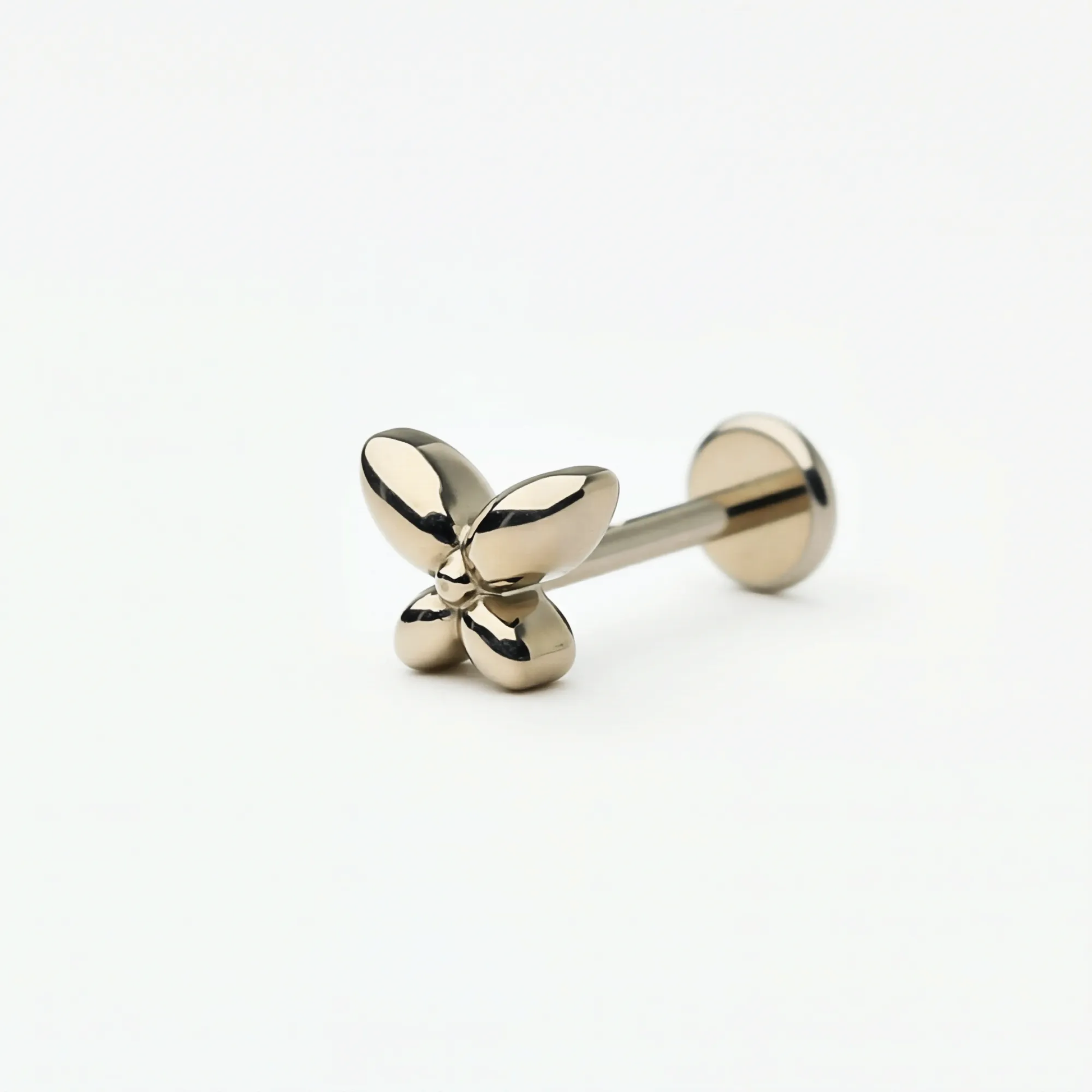 Single Titanium Petite Butterfly flat back stud earring in natural titanium. Angled front view showing the butterfly design and implant-grade titanium push-in post and flat back, hypoallergenic for sensitive ears.