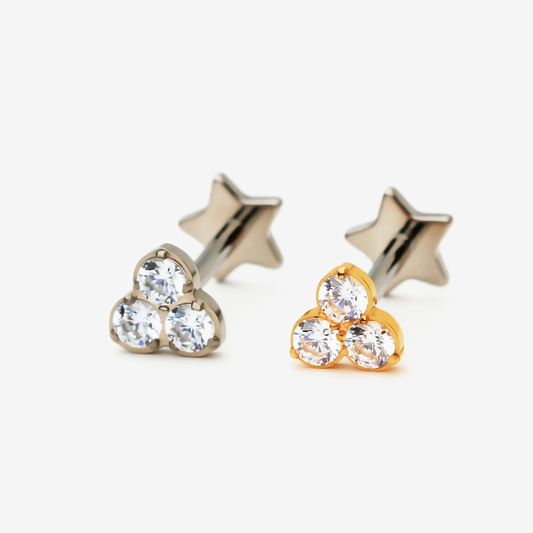 Mini Clover three-stone CZ flat back earrings in titanium and gold