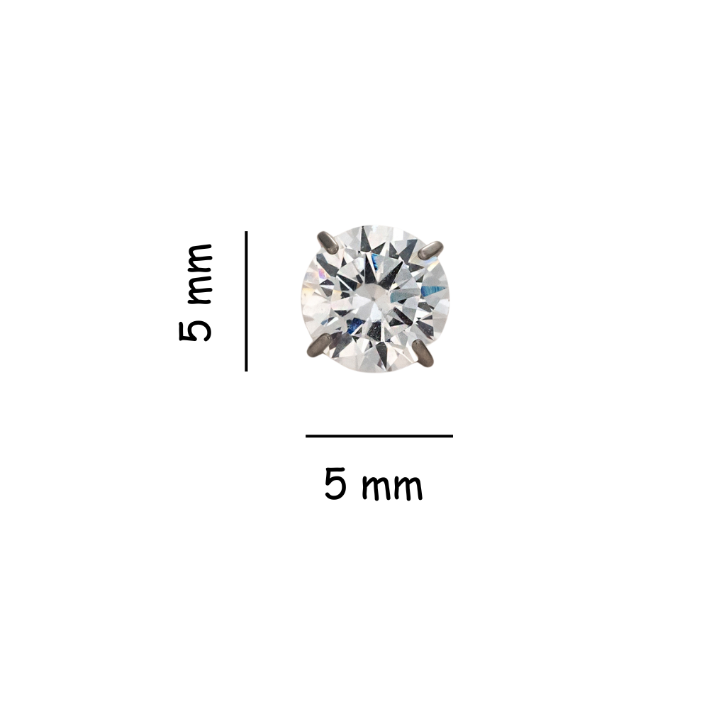 Size guide showing the 5 mm Titanium Timeless Radiance internally threaded flat back stud earring with round crystal center.