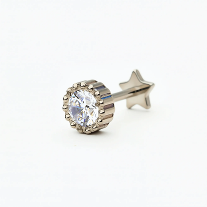 Angled front view of the Titanium Crown Spark internally threaded flat back stud earring in natural titanium, featuring a round crystal in a crown-style setting. Hypoallergenic implant-grade titanium.