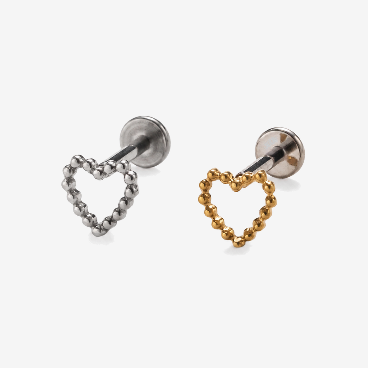 Beaded Heart flat back earrings in titanium and gold, front angled view