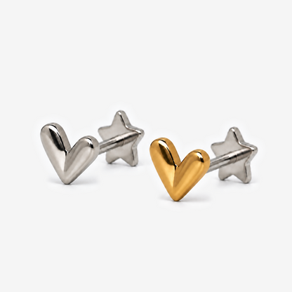 Candy Heart flat back earrings in titanium and gold, front angled view