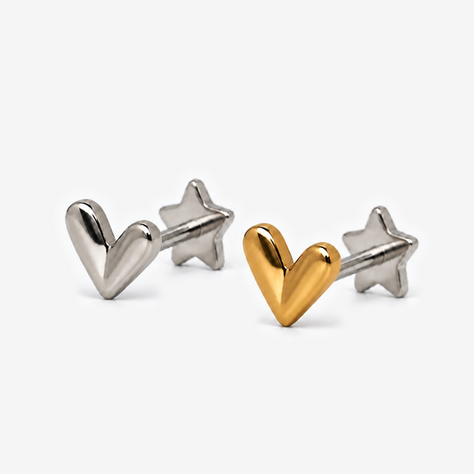 Candy Heart flat back earrings in titanium and gold, front angled view