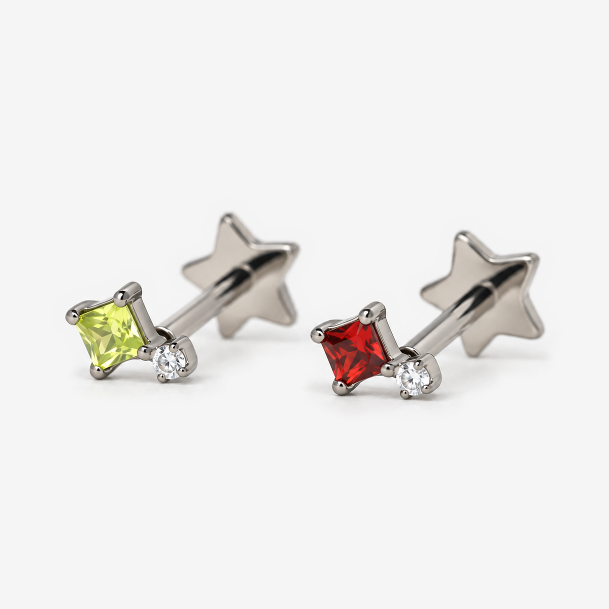Candy Pop titanium flat back earrings with lime green and red stones, front angled view