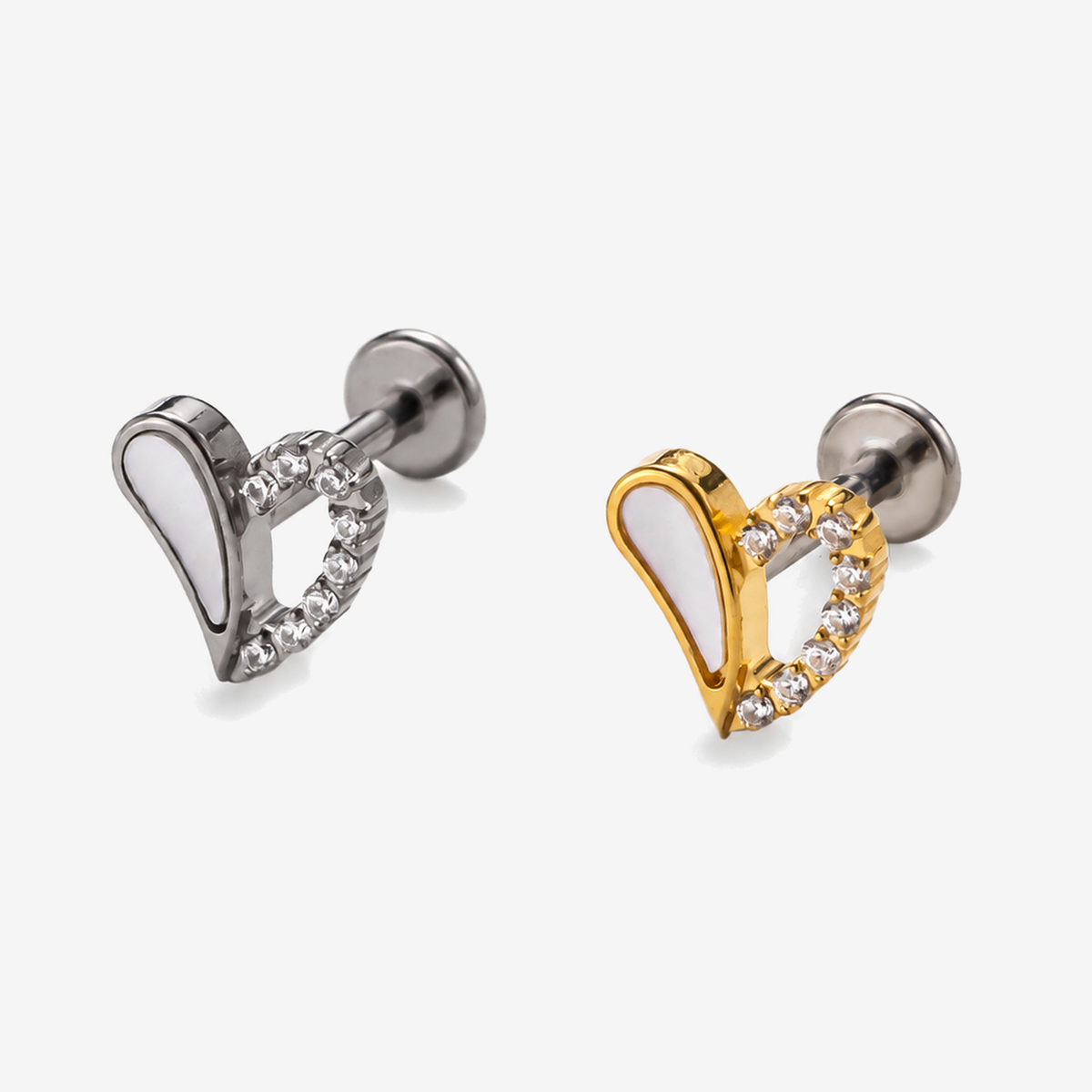 Curved Heart opal and cubic zirconia earrings in titanium and gold, front angled view