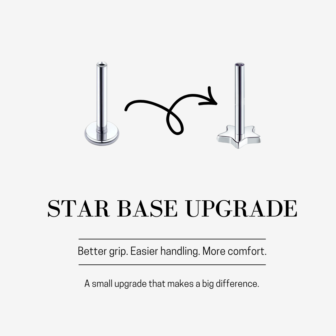 Star base upgrade for internally threaded flat back earrings — improved grip, easier handling, and greater comfort.