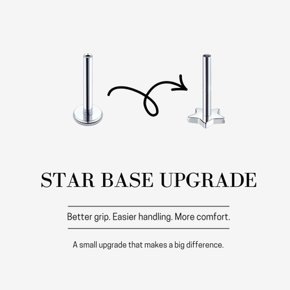 Star base upgrade for internally threaded flat back earrings — improved grip, easier handling, and greater comfort.