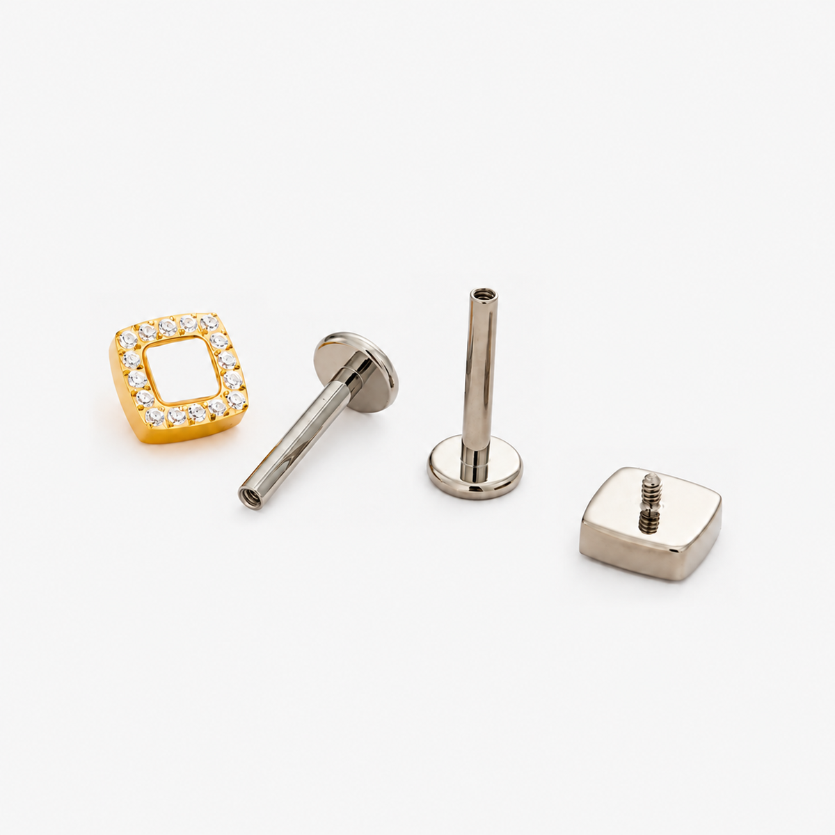 Lumi Square flat back earring, showing the decorative top and post separately.