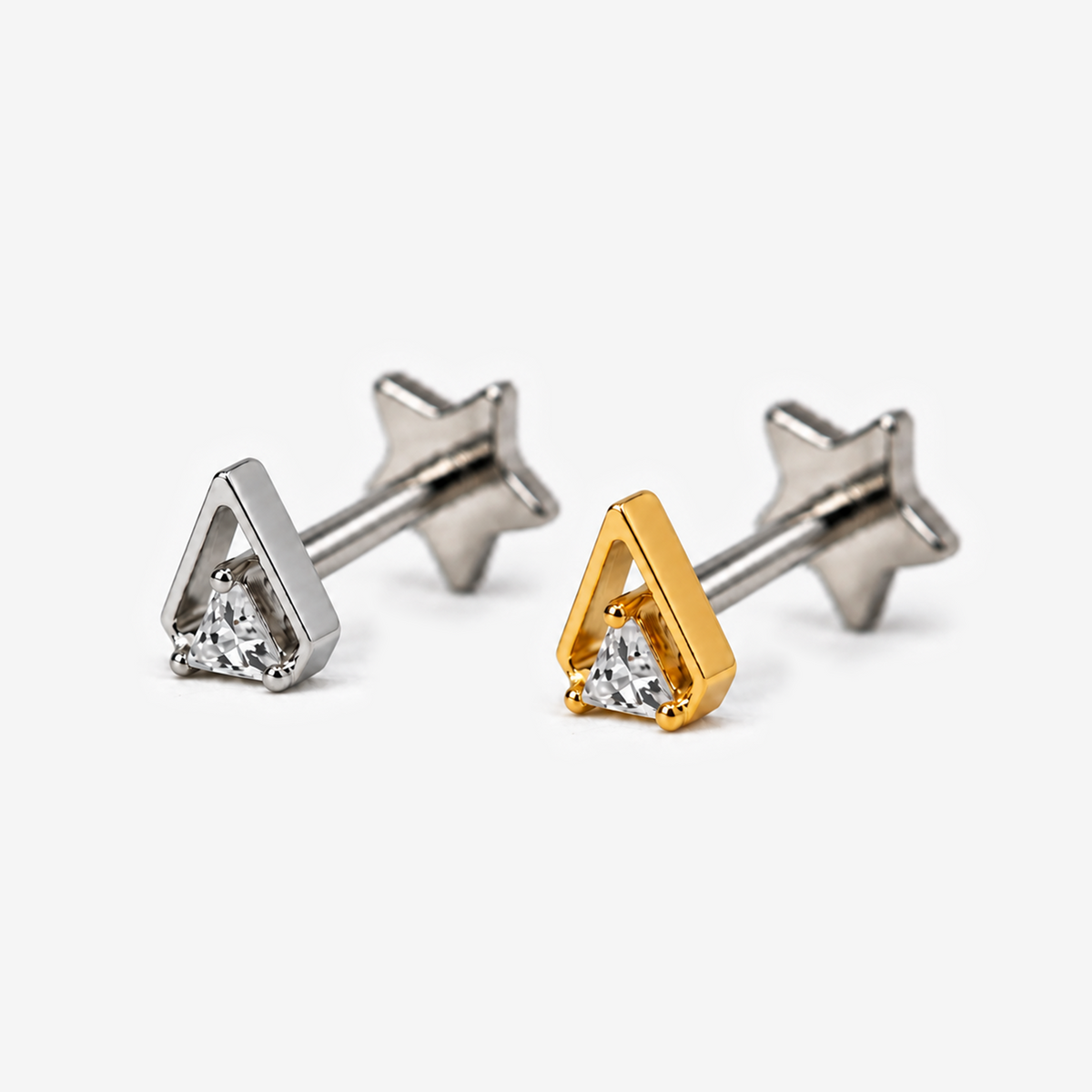 Nova Triangle flat back earrings in titanium and gold, front angled view