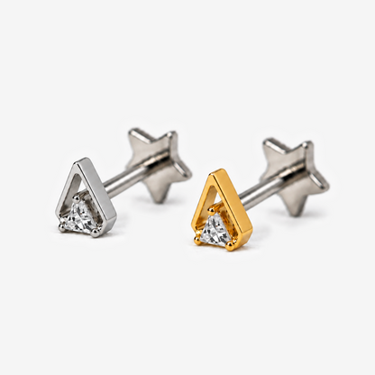 Nova Triangle flat back earrings in titanium and gold, front angled view