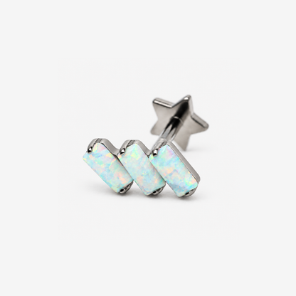 Opal Steps titanium flat back earring with three rectangular opals, front angled view
