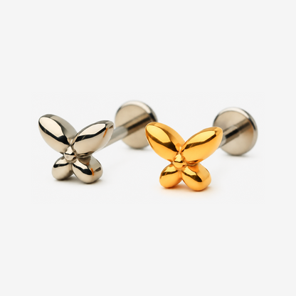 Petite Butterfly flat back stud earrings in titanium and gold.