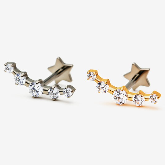Radiant Row flat back stud earrings in titanium and gold.
