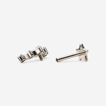 Radiant Row flat back earring, showing the decorative top and post separately.