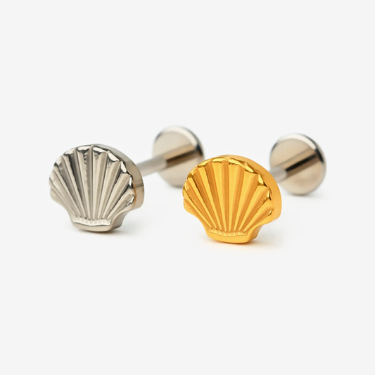 Shell Crest flat back stud earrings in titanium and gold.