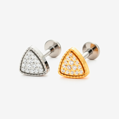 Shimmer Triangle flat back stud earrings in titanium and gold.
