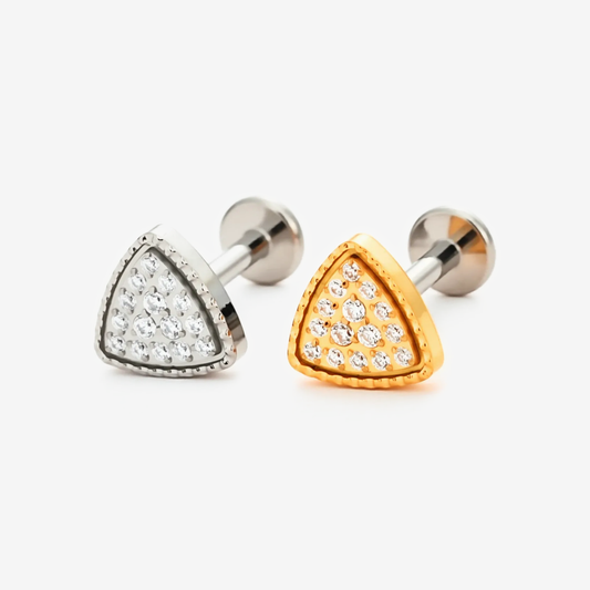 Shimmer Triangle flat back stud earrings in titanium and gold.