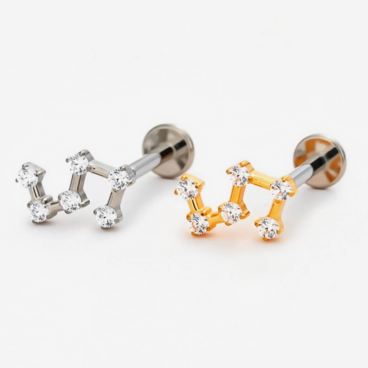 Stellar Steps flat back stud earrings in titanium and gold.