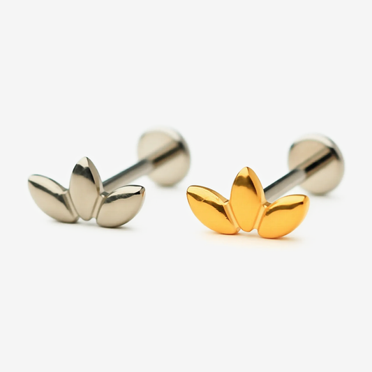 Triple Leaf flat back stud earrings in titanium and gold.