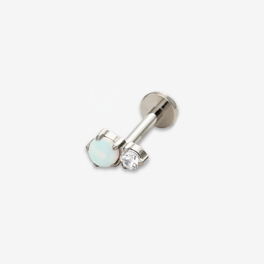 Twin Moonlight titanium flat back earring with a white opal and clear stone.