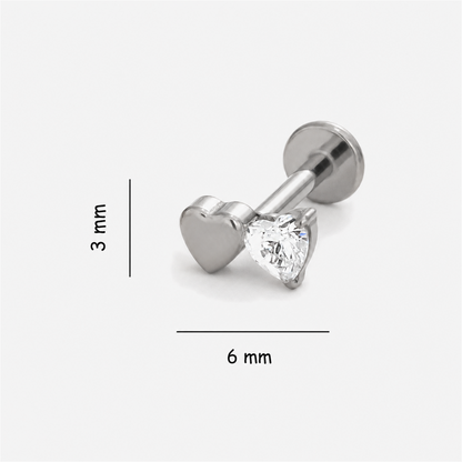 Duo Heart titanium flat back stud earring size: 3 mm high by 6 mm wide