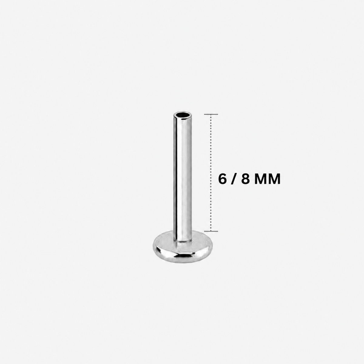Threadless push-pin implant-grade titanium flat back replacement post, showing the hollow post opening at the top, labelled 6 / 8 mm post length.