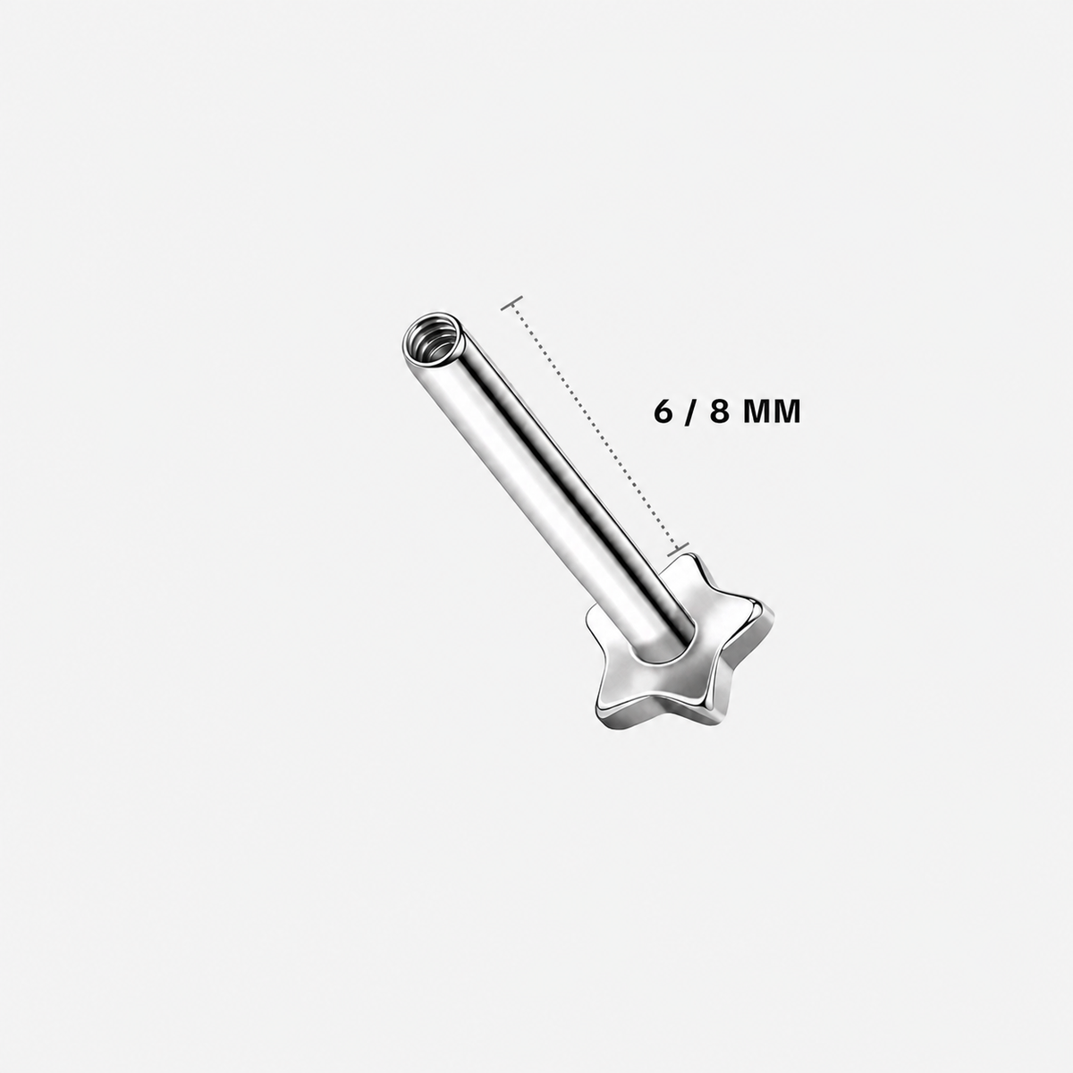 Internally threaded implant-grade titanium flat back replacement post, showing the threaded opening at the top, labelled 6 / 8 mm post length.